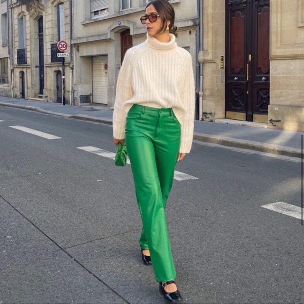 NWT Zara Bright Green Faux Leather Straight Leg Pants Women’s Size XL Baddie